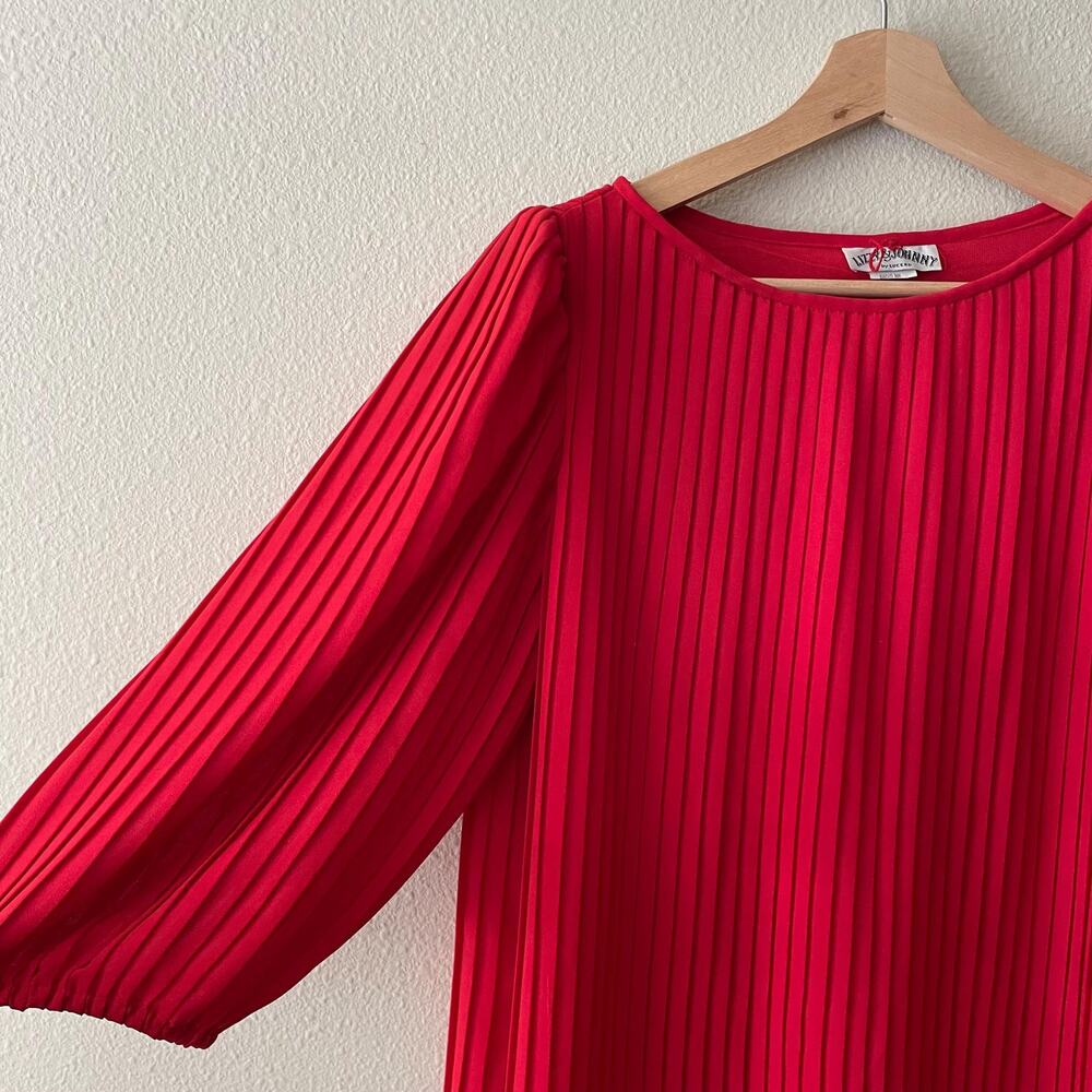 80s vintage red pleated midi dress with puff sleeves maximalist - Picture 5 of 10